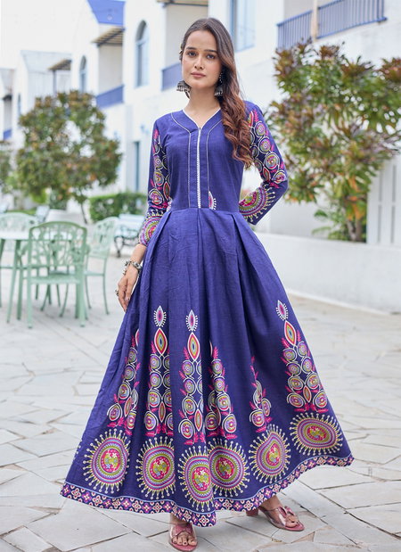 Navy Blue Colour Rayon Print Gown Collection Online Wholesale Aaradhna 2032
